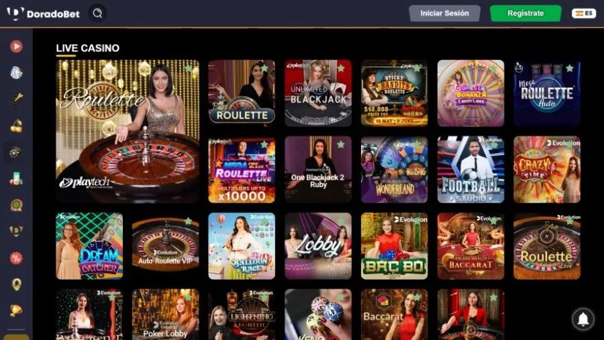 Lobby de casino en vivo de DoradoBet con juegos como Roulette, Unlimited Blackjack, Sweet Bonanza CandyLand, Mega Roulette, Dream Catcher, Auto-Roulette VIP, Monopoly Big Baller, Crazy Time, Football Studio, Bac Bo, Baccarat, Lightning Roulette y Poker Lobby.