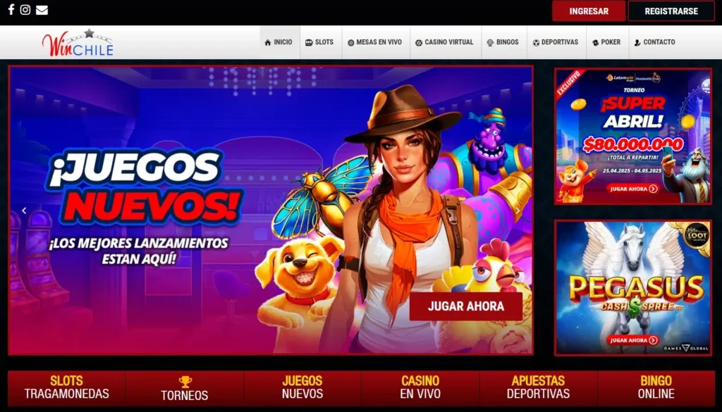 Banner promocional de WinChile anunciando nuevos lanzamientos de juegos con el texto '¡Juegos nuevos! Los mejores lanzamientos están aquí', acompañado de una exploradora y personajes de tragamonedas como un perro y un genio.