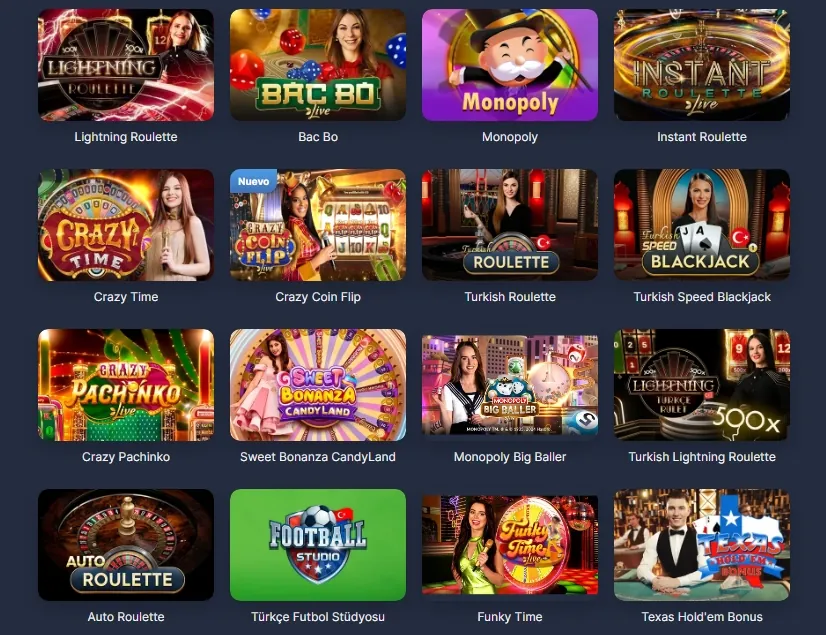 Captura de pantalla del lobby de juegos de casino en vivo de 7Slots mostrando títulos como Lightning Roulette, Bac Bo, Monopoly Live, Instant Roulette, Crazy Time, Crazy Coin Flip, Turkish Roulette, Turkish Speed Blackjack, Crazy Pachinko, Sweet Bonanza CandyLand, Monopoly Big Baller, Turkish Lightning Roulette, Auto Roulette, Football Studio, Funky Time y Texas Hold'em Bonus.