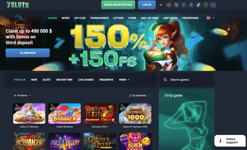 Página de inicio del casino online 7Slots con un banner promocional de bono del 150% más 150 giros gratis, ilustrado con un personaje de elfa de fantasía. Se muestran categorías de juegos como populares, nuevos, tragamonedas, ganancias instantáneas, casino en vivo y megaways, además de títulos visibles como Gates of Olympus, Sweet Bonanza, Burning Chilli X, Bonanza, Starburst, Gonzo’s Quest y Alien Fruits.