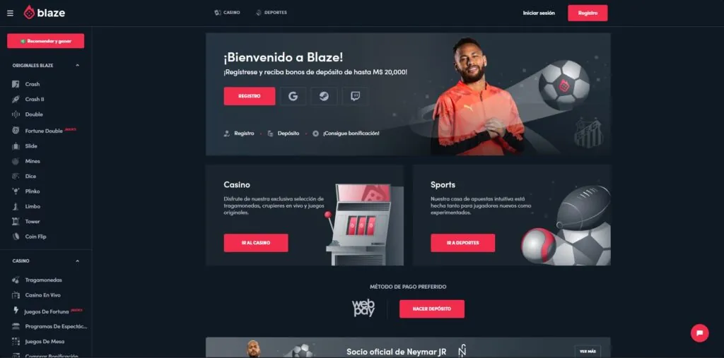 Página de inicio de Blaze con bono de bienvenida de hasta M$ 20,000, mostrando secciones de casino con tragamonedas y crupieres en vivo, y sección de apuestas deportivas. Imagen promocional de Neymar Jr., socio oficial de Blaze.