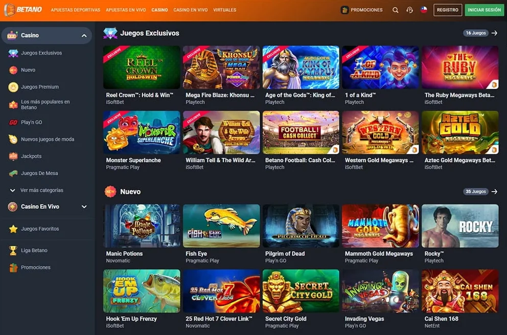 Pantalla de Betano Casino mostrando categorías como Juegos Exclusivos y Nuevos, con tragamonedas como Reel Crown Hold & Win, Mega Fire Blaze Khonsu, Age of the Gods King of Olympus, 1 of a Kind, The Ruby Megaways, Monster Superlanche, William Tell & The Wild Arrows, Betano Football Cash Collect, Western Gold Megaways, Aztec Gold Megaways, Manic Potions, Fish Eye, Pilgrim of Dead, Mammoth Gold Megaways, Rocky, Hook’em Up Frenzy, 25 Red Hot 7 Clover Link, Secret City Gold, Invading Vegas y Cai Shen 168.
