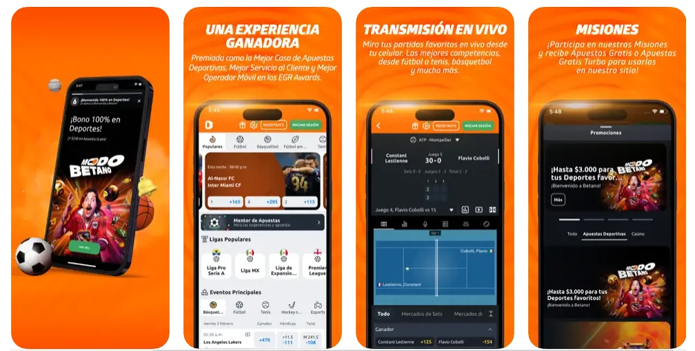 Vista promocional de la aplicación móvil Betano mostrando bono del 100% en deportes, apuestas en vivo, transmisión en vivo de partidos de fútbol y tenis, y sección de misiones con recompensas en apuestas gratis.