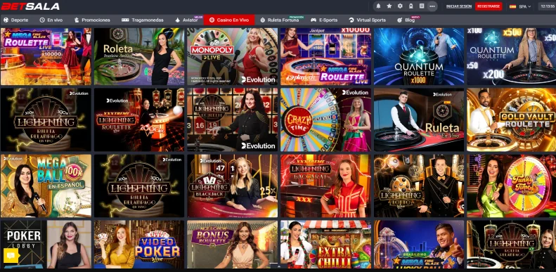 Pantalla de Betsala con juegos de casino en vivo como Mega Fire Blaze Roulette, Roleta, Monopoly Live, Quantum Roulette, Lightning Roulette, Crazy Time, Mega Ball, Lightning Blackjack, Gold Vault Roulette, Poker Lobby, Video Poker, Bonus Roulette y Extra Chilli.