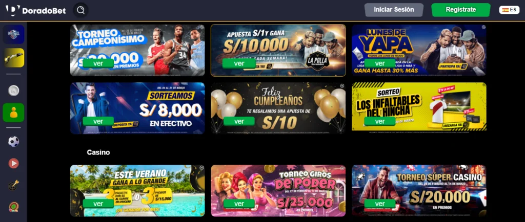 Pantalla de promociones de DoradoBet con anuncios de torneos y sorteos como Torneo Campeonísimo con S/ 20,000 en premios, apuestas de S/ 1 para ganar S/ 10,000, promoción Lunes de Yapa, sorteo de S/ 8,000 en efectivo, bono de cumpleaños de S/ 10, sorteo Los Infaltables del Hincha, promoción de verano con premios de hasta S/ 15,000, Torneo Giros de Poder con S/ 25,000 y Torneo Súper Casino con S/ 20,000 en premios.