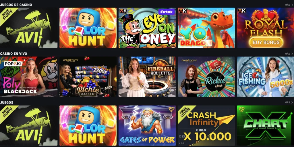 Pantalla de Fantasticbet mostrando juegos de casino como Aviator, Color Hunt, Eye on the Money, Yo Dragon y Royal Flash, junto a juegos de casino en vivo como Poly Blackjack, Richie Roulette, Fireball Roulette, Richie Wheel e Ice Fishing Live, además de títulos como Gates of Power, Crash Infinity y Chart X.