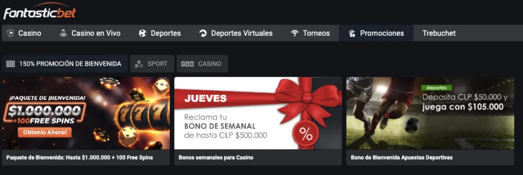 Sección de promociones de Fantasticbet con paquete de bienvenida de $1.000.000 más 100 giros gratis, bonos semanales de hasta CLP $500.000 para casino, y bono de bienvenida para apuestas deportivas depositando CLP $50.000 para jugar con CLP $105.000.