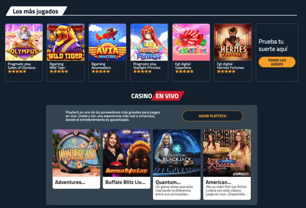 Sección de juegos más jugados en Juegalo con títulos como Gates of Olympus, Wild Tiger, Avia Masters, Starlight Princess, Sugartime y Hermes Fortunes. Incluye apartado de casino en vivo con juegos como Adventures Beyond Wonderland, Buffalo Blitz Live, Quantum Blackjack Plus y American Roulette Live de Playtech.