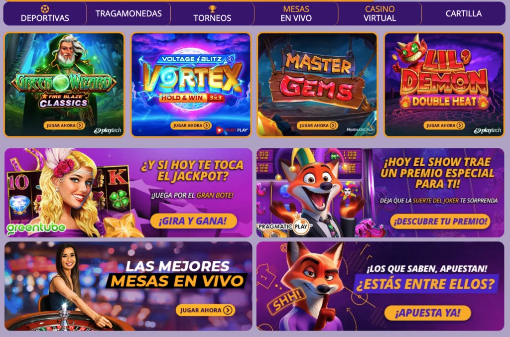 Pantalla de Latamwin con tragamonedas destacadas como Green Wizard, Voltage Blitz Vortex, Master Gems y Lil' Demon Double Heat, junto a banners promocionales que incluyen jackpots, premios especiales, mesas en vivo y apuestas deportivas.