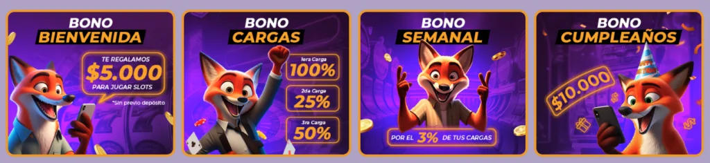 Promociones de Latamwin con Bono de Bienvenida de $5.000 para jugar slots sin depósito previo, Bono por Cargas con hasta 100% en la primera recarga, Bono Semanal del 3% de las cargas y Bono de Cumpleaños de $10.000.
