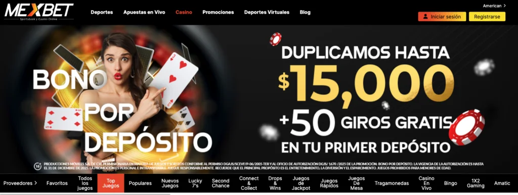 Banner promocional de Mexbet con bono por depósito que duplica hasta $15,000 más 50 giros gratis en el primer depósito. Imagen de una mujer sorprendida rodeada de cartas de póker y fichas de casino.