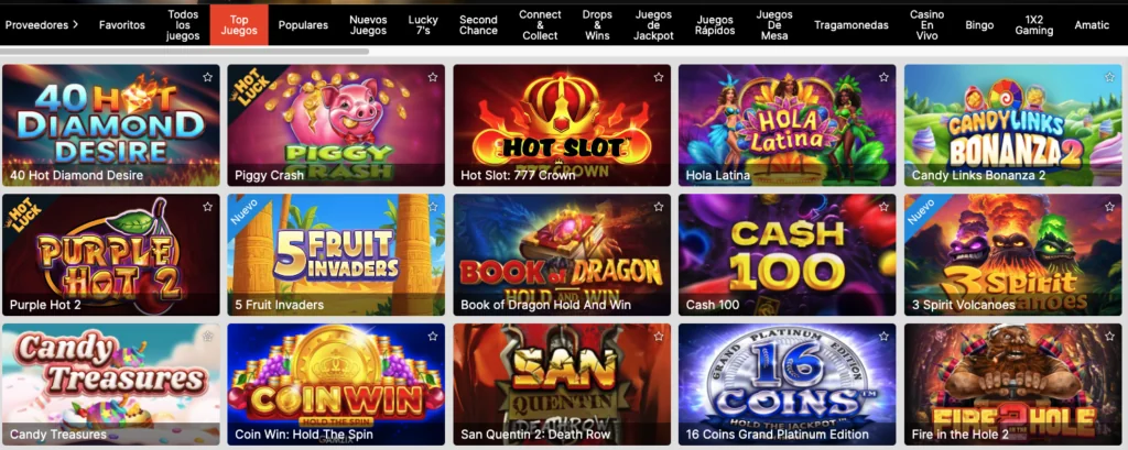 Pantalla de Mexbet con tragamonedas destacadas como 40 Hot Diamond Desire, Piggy Crash, Hot Slot: 777 Crown, Hola Latina, Candy Links Bonanza 2, Purple Hot 2, 5 Fruit Invaders, Book of Dragon Hold and Win, Cash 100, 3 Spirit Volcanoes, Candy Treasures, Coin Win: Hold the Spin, San Quentin 2: Death Row, 16 Coins Grand Platinum Edition y Fire in the Hole 2.