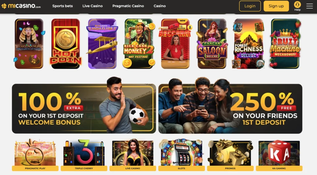 Pantalla de inicio de MiCasino con tragamonedas como Anksunamun The Queen of Egypt, Hot Coin, High Flyer, Kick Cash Monkey 2, Speed Baccarat, Cancan Saloon Deluxe, Forest Richness Deluxe y Fruit Machine Megabonus. Incluye promociones de 100% extra en el primer depósito y 250% gratis en el primer depósito de un amigo.