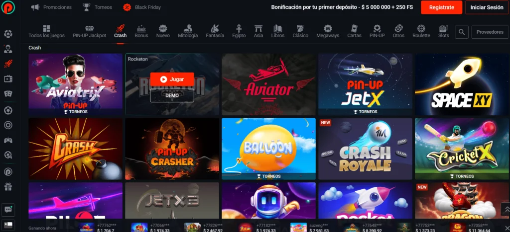 Lobby de juegos Crash en Pin-Up Casino con títulos como Aviatrix, Rocketon, Aviator, Pin-Up JetX, Space XY, Crash, Pin-Up Crasher, Balloon, Crash Royale, Cricket X, Pilot, JetX3, Rocket, y Dragon.