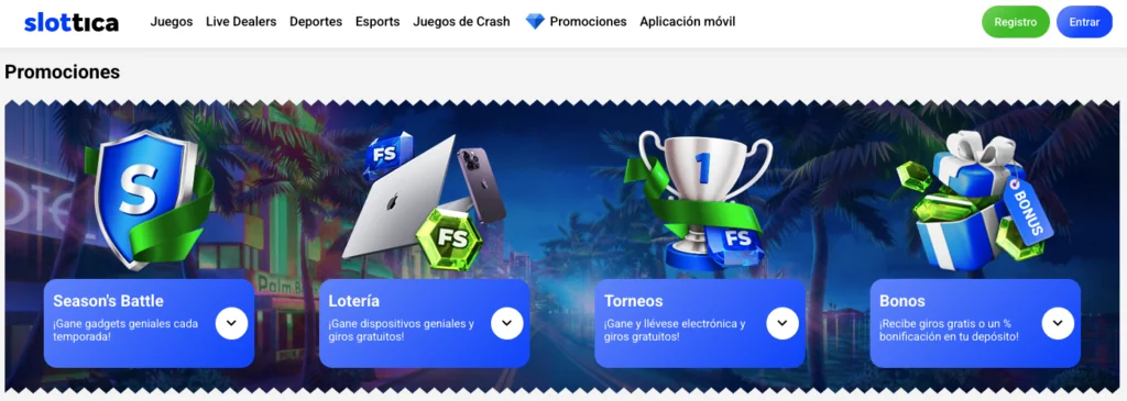 Sección de promociones de Slottica con campañas como Season’s Battle para ganar gadgets, Lotería con dispositivos y giros gratis, Torneos con premios y giros, y Bonos que ofrecen giros gratis o porcentaje de bonificación en depósitos.