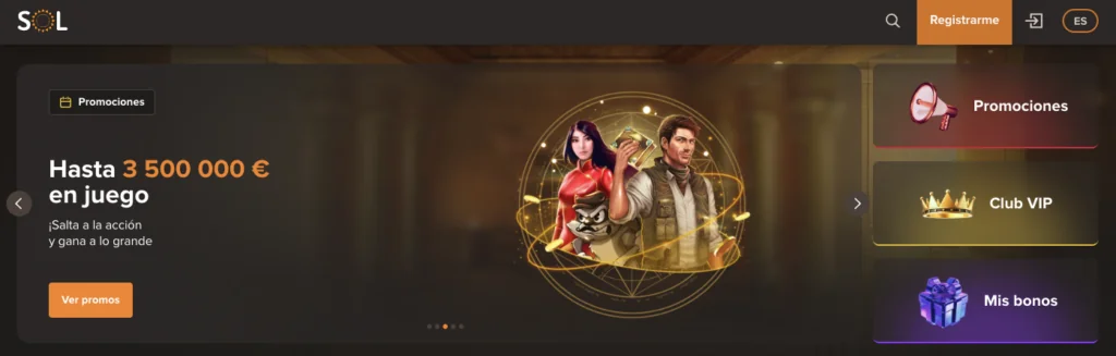 Banner promocional de SOL Casino con oferta de hasta 3.500.000 € en juego, acompañado de personajes de tragamonedas y botones para acceder a promociones, club VIP y bonos.