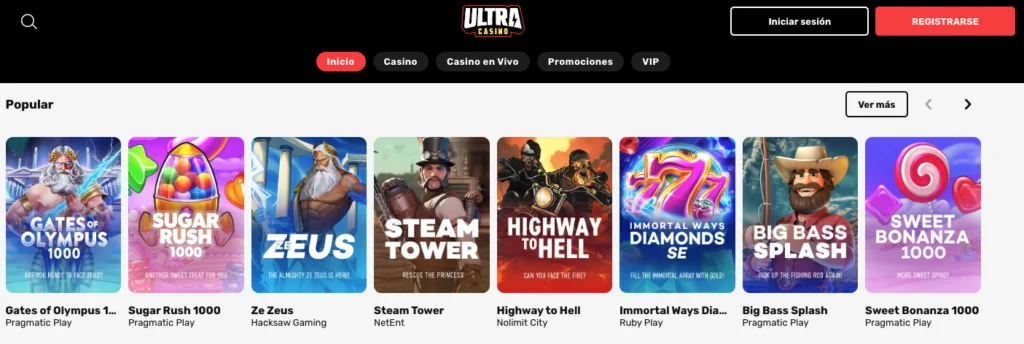Sección de juegos populares en Ultra Casino con títulos como Gates of Olympus 1000, Sugar Rush 1000, Ze Zeus, Steam Tower, Highway to Hell, Immortal Ways Diamonds SE, Big Bass Splash y Sweet Bonanza 1000.