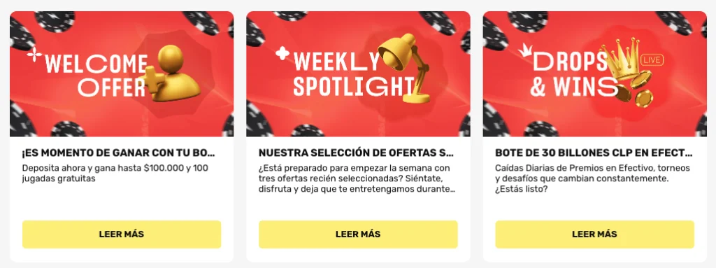 Sección de promociones de Ultra Casino con ofertas como bono de bienvenida hasta $100.000 más 100 giros gratis, Weekly Spotlight con selección semanal de ofertas, y Drops & Wins con bote de 30 billones CLP en premios y torneos.